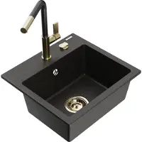 Mexen Milo 1-Becken-Granitspüle mit Mischbatterie Flora, Schwarz/Gold metallisch - 6505-75-670401-57-G