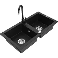 Mexen Mario 2-Becken-Granitspüle mit Mischbatterie Telma, Schwarz - 6504-77-670200-70