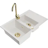 Mexen Gaspar 1,5-Becken-Granitspüle mit Abtropffläche und Mischbatterie Telma, Weiß - 6507-20-670200-50