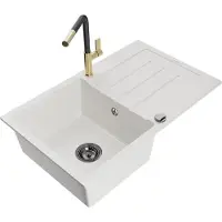 Mexen Bruno 1 Becken-Granitspüle mit Abtropffläche und Mischbatterie Flora, Weiß - 6513-20-670401-57-B