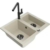 Mexen Carlos 1,5-Becken-Granitspüle mit Mischbatterie Flora, Beige - 6518-69-670401-70-B