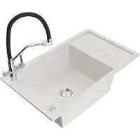 Mexen Elias 1 Becken-Granitspüle mit Abtropffläche und Mischbatterie Duo, Weiß - 6511-20-671701-07