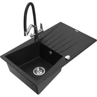 Mexen Cesar 1 Becken-Granitspüle mit Abtropffläche und Mischbatterie Duo, Schwarz - 6514-77-671701-07