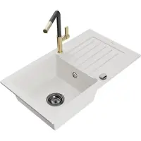 Mexen Pablo 1 Becken-Granitspüle mit Abtropffläche und Mischbatterie Flora, Weiß - 6510-20-670401-57-B