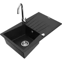 Mexen Cesar 1 Becken-Granitspüle mit Abtropffläche und Mischbatterie Telma, Schwarz - 6514-77-670200-00