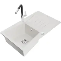 Mexen Cesar 1 Becken-Granitspüle mit Abtropffläche und Mischbatterie Flora, Weiß - 6514-20-670401-07