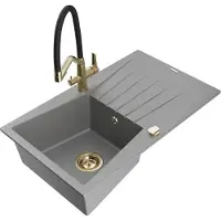 Mexen Cesar 1 Becken-Granitspüle mit Abtropffläche und Mischbatterie Duo, Grau - 6514-71-671701-57-G