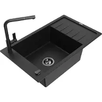 Mexen Elias 1 Becken-Granitspüle mit Abtropffläche und Mischbatterie Flora, Schwarz - 6511-77-670401-70-B