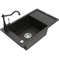 Mexen Elias 1 Becken-Granitspüle mit Abtropffläche und Mischbatterie Carla, Schwarz/Gold metallisch - 6511-75-670700-70