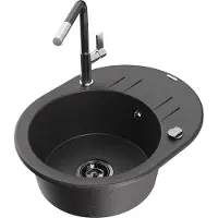 Mexen Kevin 1 Becken-Granitspüle mit Abtropffläche und Mischbatterie Flora, Schwarz gesprenkelt - 6517-76-670401-08-B