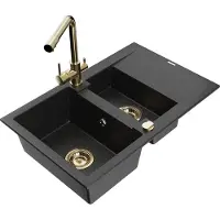 Mexen Gaspar 1,5-Becken-Granitspüle mit Abtropffläche und Mischbatterie Duero, Schwarz/Silber - 6507-73-671600-50