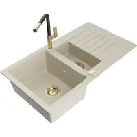 Mexen Matias 1,5-Becken-Granitspüle mit Abtropffläche und Mischbatterie Flora, Beige - 6502-69-670401-57-G