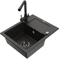 Mexen Enzo 1 Becken-Granitspüle mit Abtropffläche und Mischbatterie Duero, Schwarz gesprenkelt - 6506-76-671600-70-B