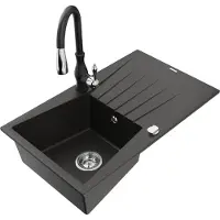 Mexen Cesar 1 Becken-Granitspüle mit Abtropffläche und Mischbatterie Savita, Schwarz/Gold metallisch - 6514-75-672601-70