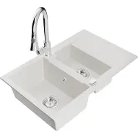 Mexen Gaspar 1,5-Becken-Granitspüle mit Abtropffläche und Mischbatterie Elia, Weiß - 6507-20-670101-00