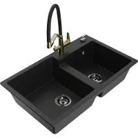 Mexen Tomas 2-Becken-Granitspüle mit Mischbatterie Duo, Schwarz - 6516-77-671701-57-B