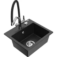 Mexen Milo 1-Becken-Granitspüle mit Mischbatterie Duo, Schwarz/Silbermetallic - 6505-73-671701-07