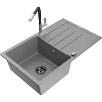 Mexen Bruno 1 Becken-Granitspüle mit Abtropffläche und Mischbatterie Flora, Grau - 6513-71-670401-07-B