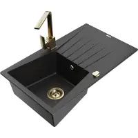 Mexen Cesar 1 Becken-Granitspüle mit Abtropffläche und Mischbatterie Rita, Schwarz/Silbermetallic - 6514-73-670300-50