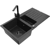 Mexen Matias 1,5-Becken-Granitspüle mit Abtropffläche und Mischbatterie Rita, Schwarz/Silber - 6502-73-670300-70-B