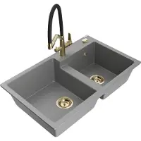 Mexen Tomas 2-Becken-Granitspüle mit Mischbatterie Duo, Grau - 6516-71-671701-57-G