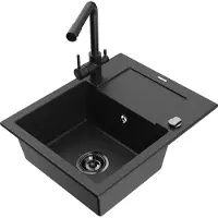 Mexen Enzo 1 Becken-Granitspüle mit Abtropffläche und Mischbatterie Duero, Schwarz/Silbermetallic - 6506-73-671600-70-B