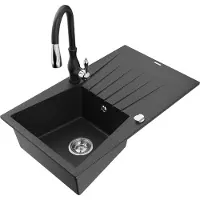 Mexen Cesar 1 Becken-Granitspüle mit Abtropffläche und Mischbatterie Savita, Schwarz/Silbermetallic - 6514-73-672601-70