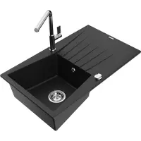 Mexen Cesar 1 Becken-Granitspüle mit Abtropffläche und Mischbatterie Flora, Schwarz - 6514-77-670401-00