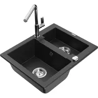 Mexen Carlos 1,5-Becken-Granitspüle mit Mischbatterie Flora, Schwarz/Silbermetallic - 6518-73-670401-00