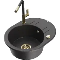 Mexen Kevin 1 Becken-Granitspüle mit Abtropffläche und Mischbatterie Flora, Schwarz gesprenkelt - 6517-76-670401-57-G