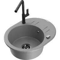 Mexen Kevin 1 Becken-Granitspüle mit Abtropffläche und Mischbatterie Flora, Grau - 6517-71-670401-70-B