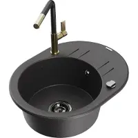 Mexen Kevin 1 Becken-Granitspüle mit Abtropffläche und Mischbatterie Flora, Schwarz gesprenkelt - 6517-76-670401-57-B