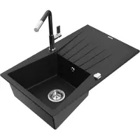 Mexen Cesar 1 Becken-Granitspüle mit Abtropffläche und Mischbatterie Flora, Schwarz - 6514-77-670401-07