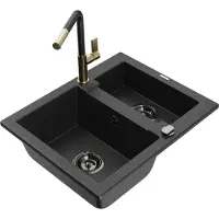 Mexen Carlos 1,5-Becken-Granitspüle mit Mischbatterie Flora, Schwarz/Silbermetallic - 6518-73-670401-57-B