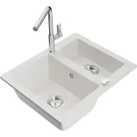Mexen Carlos 1,5-Becken-Granitspüle mit Mischbatterie Flora, Weiß - 6518-20-670401-00