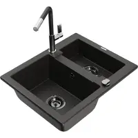 Mexen Carlos 1,5-Becken-Granitspüle mit Mischbatterie Flora, Schwarz/Gold metallisch - 6518-75-670401-07-B