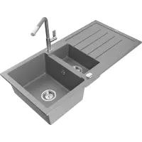 Mexen Andres 1,5-Becken-Granitspüle mit Abtropffläche und Mischbatterie Flora, Grau - 6515-71-670401-06