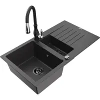 Mexen Matias 1,5-Becken-Granitspüle mit Abtropffläche und Mischbatterie Savita, Schwarz gesprenkelt - 6502-76-672601-70-B