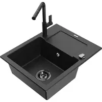 Mexen Enzo 1 Becken-Granitspüle mit Abtropffläche und Mischbatterie Flora, Schwarz/Silbermetallic - 6506-73-670401-70-B