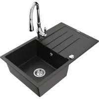 Mexen Bruno 1 Becken-Granitspüle mit Abtropffläche und Mischbatterie Savita, Schwarz/Gold metallisch - 6513-75-672601-00