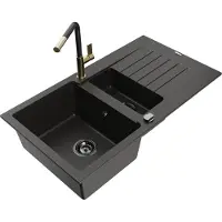 Mexen Matias 1,5-Becken-Granitspüle mit Abtropffläche und Mischbatterie Flora, Schwarz/Gold - 6502-75-670401-57-B