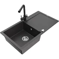 Mexen Leo 1 Becken-Granitspüle mit Abtropffläche und Mischbatterie Duero, Schwarz gesprenkelt - 6501-76-671600-70