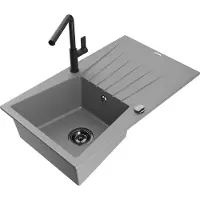 Mexen Cesar 1 Becken-Granitspüle mit Abtropffläche und Mischbatterie Flora, Grau - 6514-71-670401-70-B