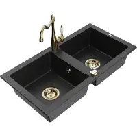 Mexen Mario 2-Becken-Granitspüle mit Mischbatterie Carla, Schwarz/Silbermetallic - 6504-73-670700-50