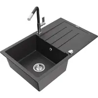 Mexen Bruno 1 Becken-Granitspüle mit Abtropffläche und Mischbatterie Flora, Schwarz gesprenkelt - 6513-76-670401-07