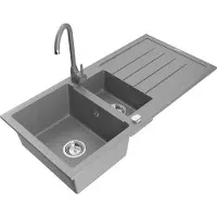 Mexen Andres 1,5-Becken-Granitspüle mit Abtropffläche und Mischbatterie Telma, Grau - 6515-71-670200-71