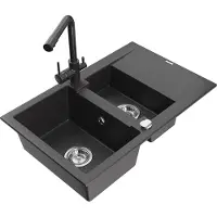 Mexen Gaspar 1,5-Becken-Granitspüle mit Abtropffläche und Mischbatterie Duero, Schwarz gesprenkelt - 6507-76-671600-76