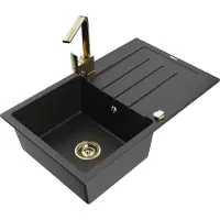 Mexen Bruno 1 Becken-Granitspüle mit Abtropffläche und Mischbatterie Rita, Schwarz/Silbermetallic - 6513-73-670300-50