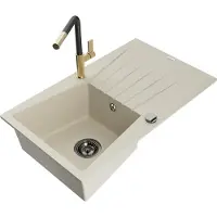 Mexen Cesar 1 Becken-Granitspüle mit Abtropffläche und Mischbatterie Flora, Beige - 6514-69-670401-57-B