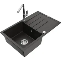 Mexen Bruno 1 Becken-Granitspüle mit Abtropffläche und Mischbatterie Flora, Schwarz/Gold metallisch - 6513-75-670401-00